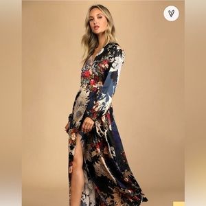 Lulu’s Put on a Smile Blue Floral Print Satin Wrap Maxi Dress